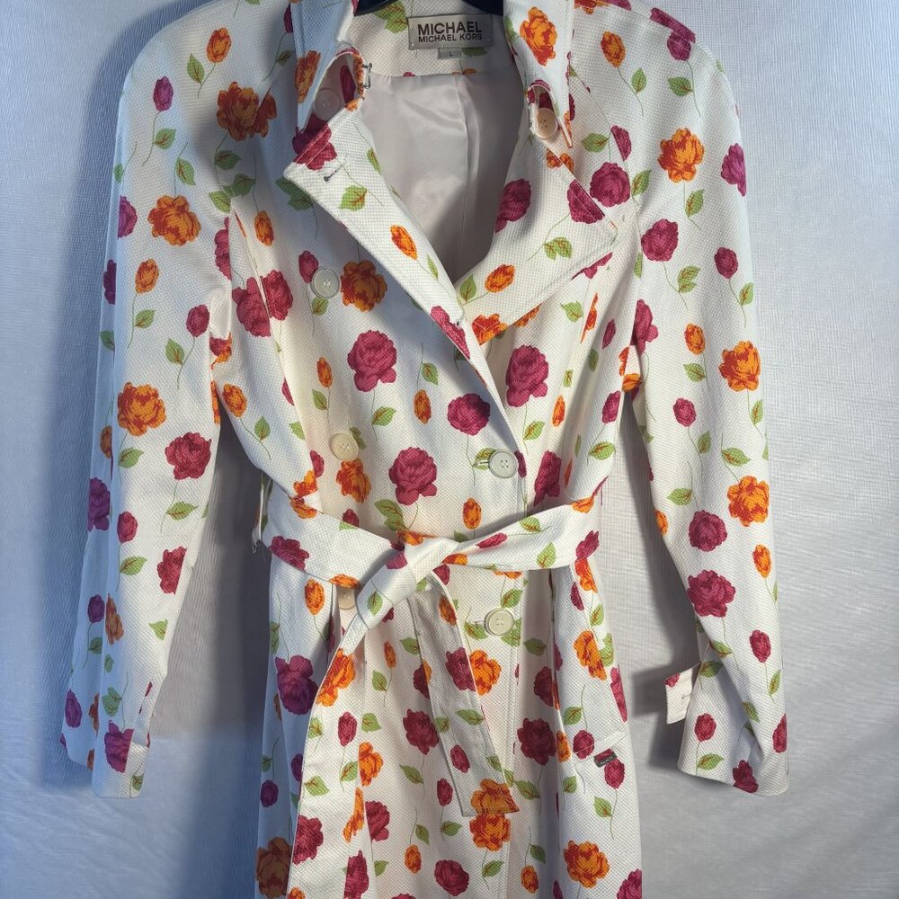 Michael Michael Kors Floral Belted Trench Coat Women’s Large iWhite W/ Red & Ora - Picture 2 of 14